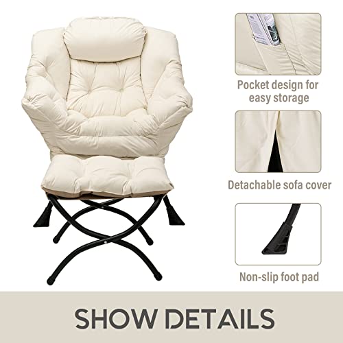 Image of LITA Lazy Chair with Ottoman, Modern Accent Leisure Upholstered Sofa Chair, Contemporary Lounge Reading Chairs with Armrests and a Side Pocket for Living Room, Bedroom & Small Space, Beige