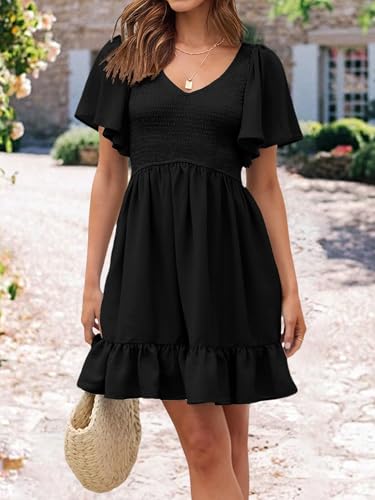 Image of UEAL Womens Cute Floral Smocked V Neck Flutter Sleeve Sundress with Pockets Casual Spring Summer Dresses for Women 2026