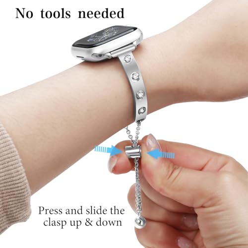 Stainless Steel Band Compatible with Apple Watch 38mm 40mm 41mm 42mm 44mm 45mm 46mm 49mm Pretty Luxury Strap with Sparkle Diamond, Dressy iWatch Bracelet, Bling Thin Band for Women