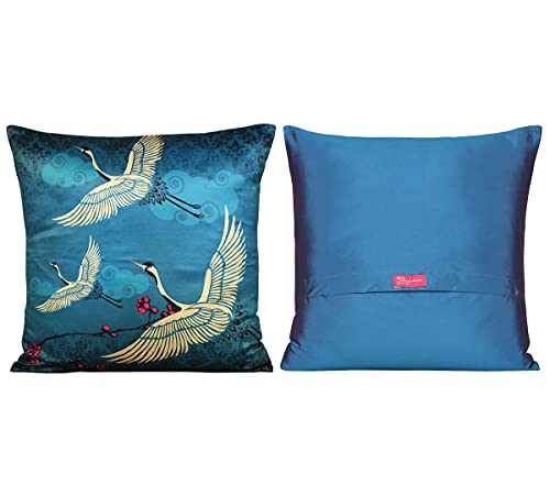 Image of India Circus by Krsnaa Mehta Lakeside Crane Flight Multicolor Satin Blend Cushion Pillow Covers Set of 5 (16 X 16 Inches)