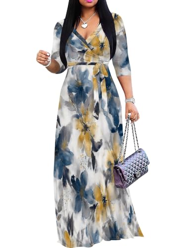 Image of Plus Size Maxi Dress for Women V Neck 3 /4 Sleeve Wrap Dresses