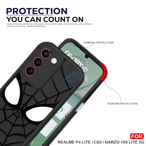 Image of AESTMO Back Case Cover for Realme P4 Lite 5G / C83 5G / Narzo 100 Lite 5G Cover | Spidey Face Mask Design | Silicone Case | Full Body Protection | Camera Protection Back Cover (Black)