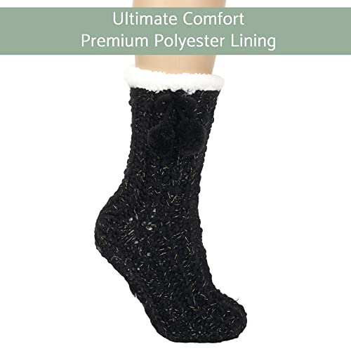 Image of Elanze Designs Gold Glitter Knit Pom Pom Womens One Size Plush Lined Non Skid Indoor Slipper Socks