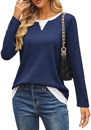 GRACE KARIN Women 2025 Fall Long Sleeve Shirts,Casual Crew Neck Colorblock Tunics,Waffle Knit Fashion Basic Tops