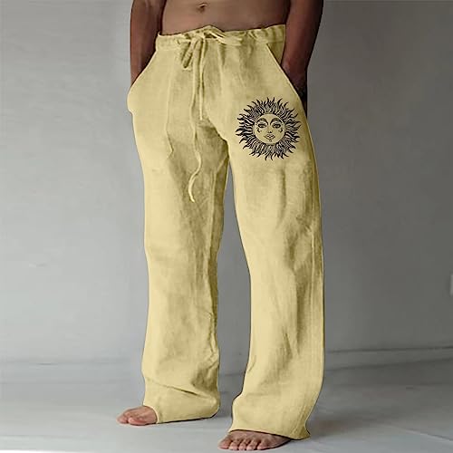 WENKOMG1 Mens Cotton Linen Pants,Wide Leg Drawstring Closure Pull On Trousers Loose Fit Baggy Lounge Wide Leg Bottoms2
