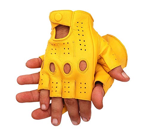 DRIVING GLOVES HALF FINGER FINGERLESS KNUCKLE HOLES FOR MEN GENUINE LEATHER (Medium, Yellow)