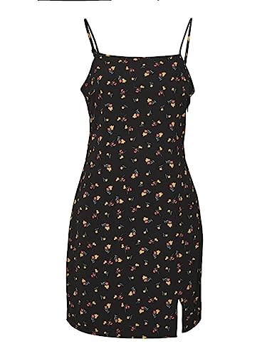 Robe courte imprimé floral noir avec fines bretelles taille L