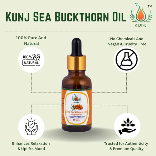 Image of KUNJ Sea Buckthorn Oil (Hippophae rhamnoides) 30ML - 100% Pure & Natural, Undiluted, Cold Pressed - Therapeutic Grade Oil for Skin Nourishment, Radiance, Anti-Aging & Hydration