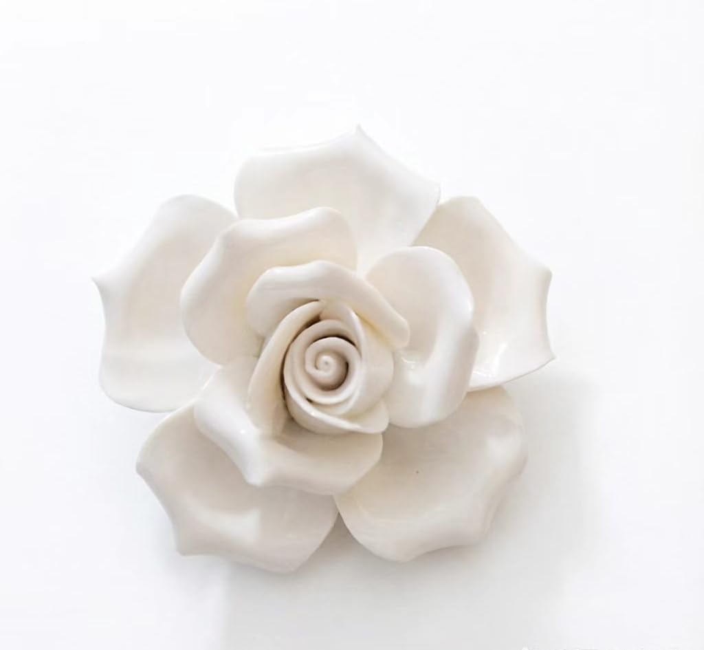 AMERRY 3.55",Rose,White,Ceramic Wall Flower Decor Artificial 3D Flower Wall Art，Handmade 3D Wall Art Hanging Sculpture， Porcelain Flower Wall Décor (3.55",Rose,White)