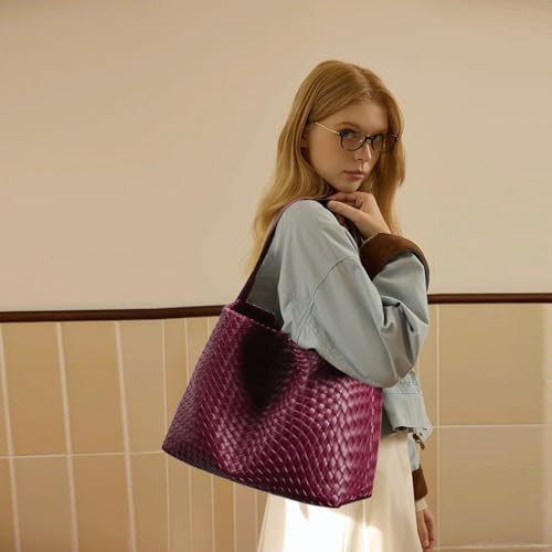 Image of JINMANXUE Woven Tote Bag for Women, Travel Hobo Purse Crossbody Shoulder Handbag, Work Satchel, Adjustable Strap Fit 13 inch iPad | Woven Vegan Leather