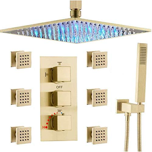 CLLBANT Sistema de Cabezal de Ducha de Lluvia con LED de 10 a 16 Pulgadas de latón Cepillado termostático montado en el Techo con Mezclador de 6 chorros corporales y Juego de Ducha de Mano de