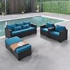 wudipatio 6 Pieces Outdoor Patio Furniture Sets with Furniture Cover, PE Rattan Wicker Patio Conversation Set (Peacock Blue, Sofa)
