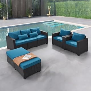 wudipatio 6 Pieces Outdoor Patio Furniture Sets with Furniture Cover, PE Rattan Wicker Patio Conversation Set (Peacock Blue, Sofa)