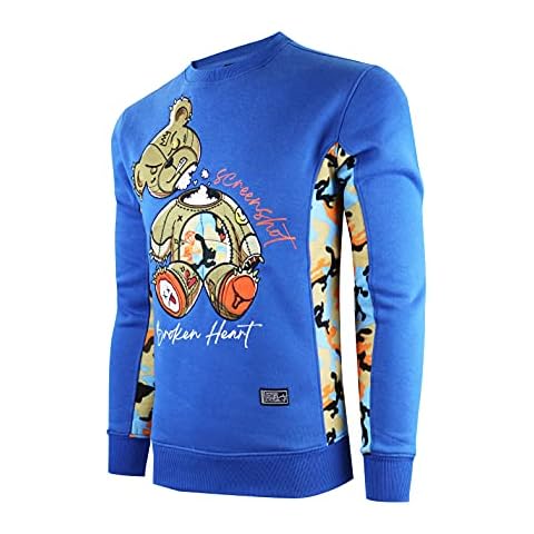 SCREENSHOT-F1121 Mens Urban Hip Hop Premium Fleece - Falling Head Embroidery Cartoon Teddy Bear Fashion Crew Neck Sweatshirt-Royal-Medium Cover