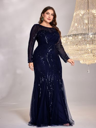 Image of Plus Size Long Sleeve Sequin Evening Dress Glitter Mermaid Long Gown for Mother of The Bride Or Wedding Guest