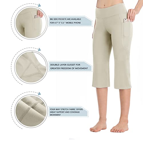 Hiskywin Women's Yoga Capri Pants Flare Workout Bootleg Pants Bootcut Crop Side Pockets Hf821-Beige-S #TOP4