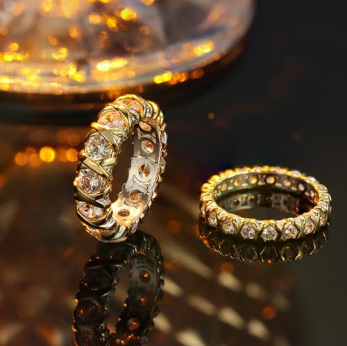 Leaocean Gold CZ Wedding Band Rings For Women, Cubic Zirconia Rings For Women, Simulated Diamond Stackable Love Pave Rings Two Tone Tennis Ring Womens Ring (6mm, 8) - Image 7