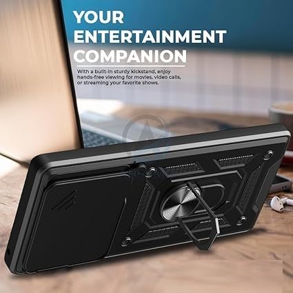 Image of SPAZY CASE Realme 15 Back Cover | Heavy Duty Hybrid Case with 360 Degree Rotating Finger Ring Holder + Slider Shutter Camera Protection Case for Realme 15 - Black