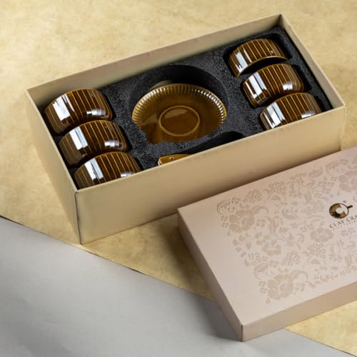 Image of Clay Craft Fine Ceramic 18-Piece Soup Bowl Set | 6 Soup Bowls, 6 Spoons & 6 Under Plates | Striped Glossy Design | 350 Ml | Microwave & Dishwasher Safe | for Serving Soup & Snacks | Golden Brown