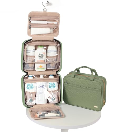 Image of NISHEL Travel Toiletry Bag for women, Portable Hanging Organizer for Family-Sized Shampoo, Conditioner, Brushes Set, Makeup Accessories, Extra Large Size, Green