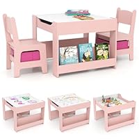 COSTWAY Kids Table and Chairs Set, Wooden Toddler Activity Tables with Reversible Tabletop, Bookshelves, Storage Bins, 3-Piece Children Furniture for Boys Girls (White+Pink, 61x61x48cm)