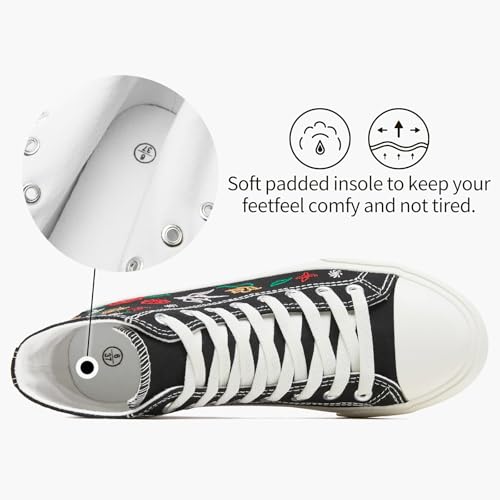 TUOPIN Women's High Top Canvas Sneakers - White and Black Fashion Embroidery Casual Walking Shoes for Women Comfortable Breathable Lace-Up Tennis Shoes4