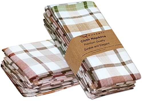 RUVANTI Lot de 12 serviettes de cuisine 100 % coton 50.8x50.8 cm à carreaux marron, douces, confortables, lavables, mariages, cocktails et utilisation à la maison Cover