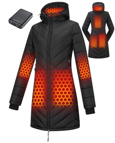 Topdot Graphene Long Heated Jackets for Women with 12V 18400mAh Battery Pack 8 Heat Zones Hooded Heated Coat for Womens L