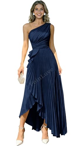 FoinLuve Pleated One Shoulder Bridesmaid Dresses for Women Long Satin Empire Waist A Line Formal Evening Gowns with Slit Navy Blue 08