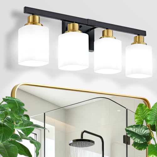 Image of 4-Light Vanity Light for Bathroom,Black and Gold Bathroom Light 24 inch | Bathroom Light Fixture with Square Frosted Glass, Wall Sconces fixtures Over Mirror Sink Restroom,Living Room Hallway