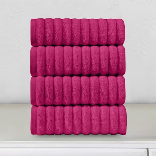 Image of Elegant Comfort Luxury 100% Turkish Cotton Corduroy Ribbed 4 Pack Hand Towel Set 16 x 28 Inch - Absorbent, Super Soft, Quick Dry, Premium Towels for Bathroom, Gym, Spa and Hotel Use, Hot Pink