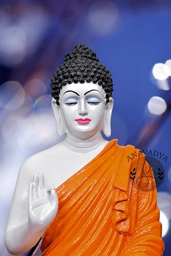 Image of Beautiful Sitting Buddha Idol Statue for Home & Garden Living Room | Healing Spirit Blessing Buddha Statue - 15 Inch Size (Saffron + White)