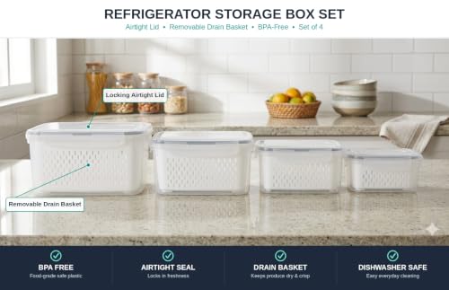Image of Refrigerator Storage Box with Lid & Drain Basket Set of 4