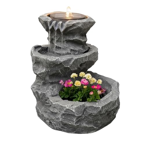 Streetwize – Solar Powered Rock Planter Water Feature with LED Light & Battery Backup, Garden Fountain for Patios, Balconies, and Outdoor Spaces (GW282)