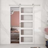 BARNSMITH 30in x 84in Glass Barn Door with 5FT Brushed Nickle Sliding Door Hardware Kit Included & Handle,5-Panel Frosted Glass Solid Wood Water-Proof PVC Surface,Pre-Drilled Easy Assembly,White