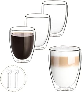 Double Walled Coffee Glasses Set of 4-350ml Insulated Thermal Coffee Cups - Heat Resistant Coffee Mugs for Espresso, Cappuccino, Latte, Macchiato, Milk, Tea, Juice - Pack of 4 Free Glass Spoons