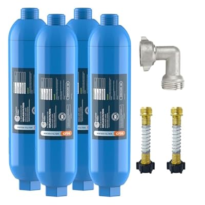 CRYSTALA RV/Camper Water Filter, Inline Water Filter Effectively Reduces Bad Taste, Odors, Chlorine and Sediment for RVs and Marines, 4 Pack Filter with 2 Flexible Hose Protector