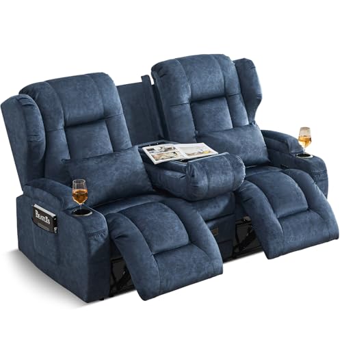 SAMERY Relaxsessel mit Liegefunktion Fernsehsessel Manuell Verstellbar, Zweisitzer Sofa Kinosessel 2 Sitzer Sofa TV Sessel Heimkino mit Getränkehalter/Schublade/Buchse, Velours