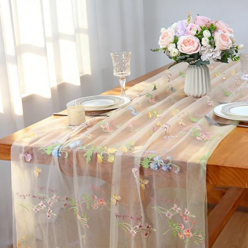 LOMOHOO Table Runner Beige 71x305cm Wedding Table Decoration with Embroidery and Tulle, Cheesecloth Table Runners Lace Tablecloth Sheer Embroidery Gauze for Bridal Shower Birthday Party Dining Table