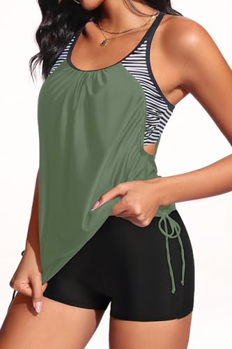Image of Holipick Blouson Tankini Swimsuits for Women - Two Piece Tummy Control Bathing Suit with Shorts Modest Swimwear