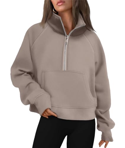 La Mejor Recopilación de Sudaderas para Mujer del mes. 45 VIOPY Sudaderas con Media Cierre para Mujer Cuello Alto Sudadera Deportiva Mujeres de Manga Larga Causales Dama Pullover (Café Gris, X-G)