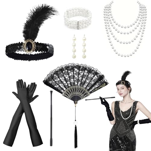 ZHITENG 6 Pezzi Accessori Anni 20 Donna, Charleston Accessori Include Braccialetto, Collana di Perle, Guanti, Fascia per Capelli, Pipa e Ventaglio, Adatto per Mascherate e Giochi di Ruolo