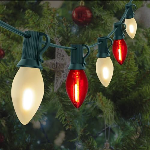 Image of C7 LED Red and Frosted White Christmas Lights 25FT Outdoor Christmas Decorations String Lights with 27 Shatterproof LED Bulbs, Hanging Vintage Christmas Light for Outdoor Garden Wedding Roofline Patio