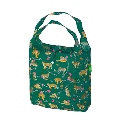 ECO CHIC Lightweight Foldable Reusable Shopping Bag Water Resistant Tote Bag (Big Cat Green)