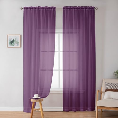 Image of OWENIE Plum Sheer Curtains, Sheer Curtains 84 Inches Long 2 Panels Set, Rod Pocket Voile Fimly Sheer Drapes for Living Room Bedroom, 2pcs, Plum, Each 42 inch W x 84 inch L