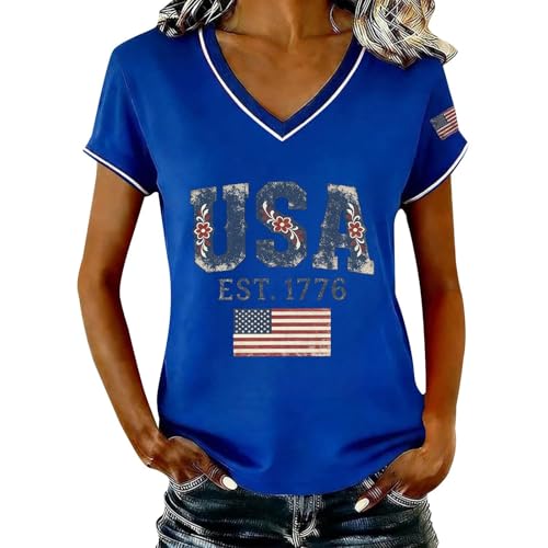 SHAOBGE Women's 250 Years Anniversary USA Shirt V-Neck T-Shirt 1776-2026 250Th American Spring Patriotic Shirts Apparel B-Blue