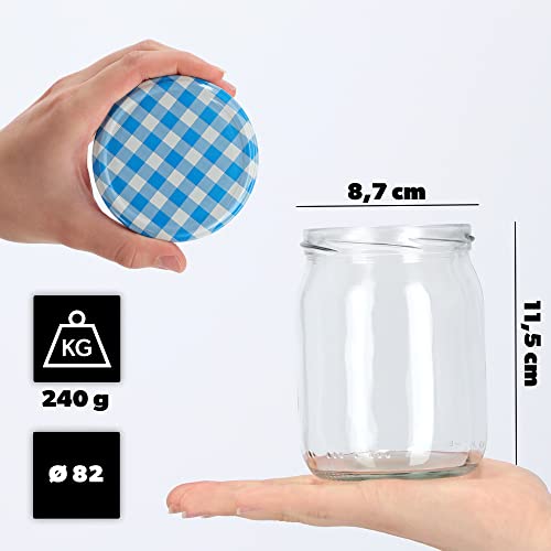 KADAX Słoiki na marmoladę 540 ml, słoiki na przetwory z zakręcanymi pokrywkami, słoiki z nakrętką, słoiki na przetwory, słoiki do przechowywania ogórków (8 sztuk, niebieskie w kratkę)