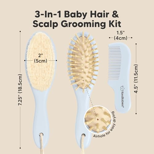 Image of Wooden Baby Hair Brush Set for Newborns, Toddler Comb (Frost, Regular) | Soft Goat Bristle, Baby Brush and Comb Set, Infant Grooming Kit, Cradle Cap Care, Durable & Gentle, Boy, Girl Bath Essential