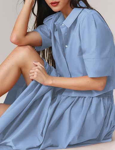 Image of Womens Summer 2 Piece Outfits Skirt Sets Button Short Sleeve Tops Elastic Waist Maxi Dress Sets with Pockets
