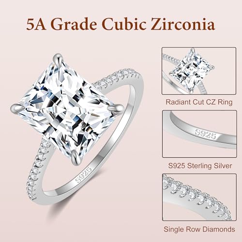 1.5/4CT CZ Engagement Rings for Women,Women's Princess/Radiant Cut 925 Sterling Silver Solitaire Wedding Bands Engagement Promise Rings for Her with 18K White Gold Plated Size4-102